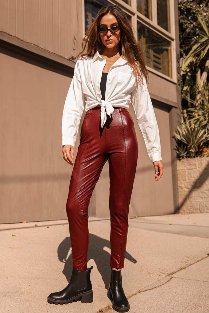 Lulus Way Too Cool Faux Leather Pull On Legging Pants Size XS Burgundy
